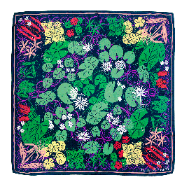 A luxurious silk scarf by Rory Hutton, featuring a beautiful design inspired by Kew's waterlily house. The illustration features lily pads and an assortment of flowers surrounded different shapes and colours. The design combines wonderful shades of green,