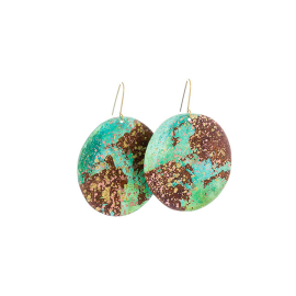 Image of the brass earrings covered in bright colours of turquoise and navy, with a white background. 