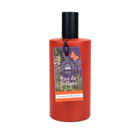 Lavender and Rosemary Eau de Toilette in red bottle with black cap and label.