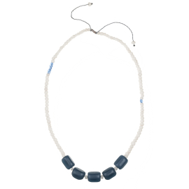 Recycled Glass Barrel Beads Necklace, Navy