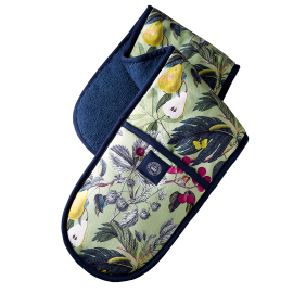 Kew Fruit and Floral Double Oven Glove with pale green background and deep blue lining and inner.