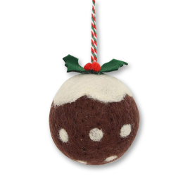 Image of the felt decoration in the shape of a Christmas pudding ball with 2 holly leaves and berries on the top