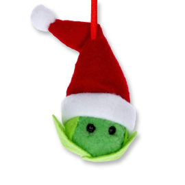 Image of the decoration in the shape of a Brussel sprout with black beady eyes and Santa's hat