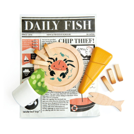 Image of contents: fish, chips, mushy peas and a fork all wrapped up in the Daily Fish Newspaper.