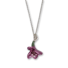 Image of the necklace featuring a freesia flower-shaped pendant in pink-purple colour. The necklace chain is in metal silver as the casting of the pendant.