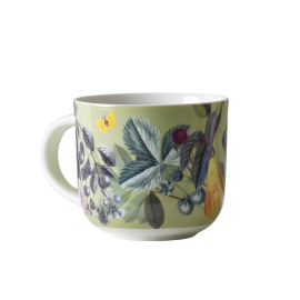 Light green Kew mug featuring a floral and fruit design with a small yellow butterfly on white.