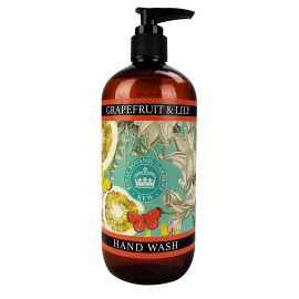 An image of the grapefruit and lily hand wash, with a light blue label with illustrations of grapefruits and lilies alongside a butterfly.