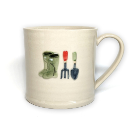 Ceramic mug in natural colour featuring an embossed pair of wellies and a fork and trowel tools