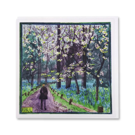 image of the greeting card illustrating the month of April at Kew Gardens, with the woodland walk through the bluebells.