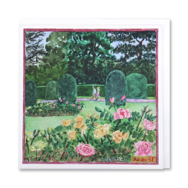 image of the greeting card illustrating the month of August at Kew Gardens, featuring the rose garden in the foreground.