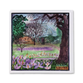 Image of the greeting card illustrating the month of February, with lilac crocuses on the foreground and part of the palm house in the background.