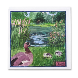 image of the greeting card illustrating the month of July at Kew Gardens, featuring duck birds and the pond.