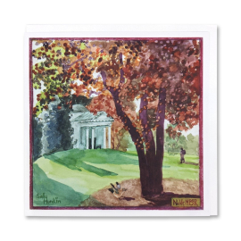 image of the greeting card illustrating the month of November at Kew Gardens, featuring the temple of Bellona in the background and a large tree with auburn leaves in the foreground .