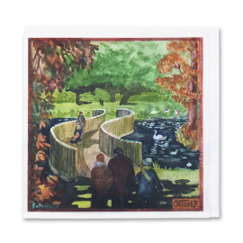 image of the greeting card illustrating the month of October at Kew Gardens, featuring the Sackler crossing bridge framed by autumnal trees.