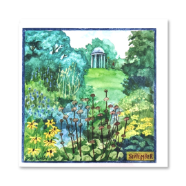 image of the greeting card illustrating the month of September at Kew Gardens, featuring the temple of Bellona in the background and shrubs and flowers in the foreground.