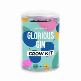 Tin reads: Warning: boozy berries. Open and Water. Glorious Gin Grow Kit. Sloe Berry Seeds.