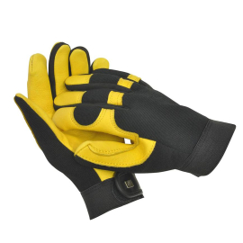 Image of the soft touch gardening gloves. Black with yellow palms and accents.