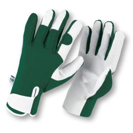 Image of left and right gardening gloves with the palm in white leather and the back in forest green fabric