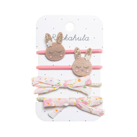 Set of four hair ties, 2 featuring sleepy bunny faces and two gold hair ties with floral bows.