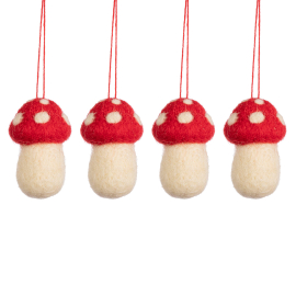 Sass & Belle Mushrooms Felt Hanging Decoration set of four with a red string.