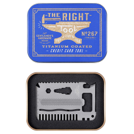 Titanium Credit Card Tool in blue tin box.