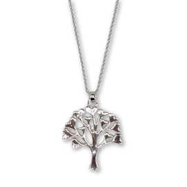 Image of the silver necklace featuring the tree of life with heart shaped branches. 