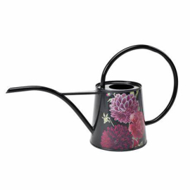 Indoor black watering can with a purple floral design and large loop handle.