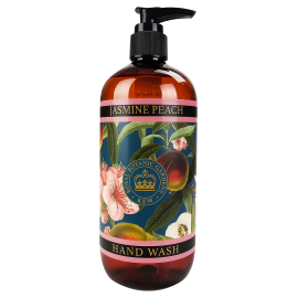An image of the Jasmine Peach Hand Wash with a midnight blue label and illustrations of jasmine and peach.