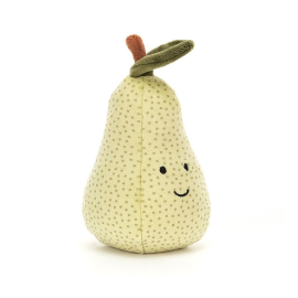 image of the pear-shaped soft toy with all-over freckles and a velvety leaf on top