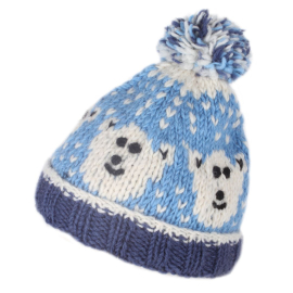 Hand knitted wool bobble hat, white winter polar bear hat for children with soft sherpa fleece lining.
