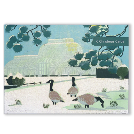 Pack of 6 Kew Greeting Cards portraying a Winter scene in front of the Palm House featuring three geese.