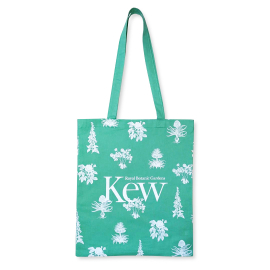 Image of the tote bag with white floral design and Kew logo on a green base.