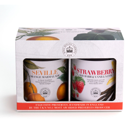 Front on image of Kew 'Breakfast favourites'  2-Jar Gift Box containing 1x 340g Kew Seville Orange Marmalade and 1x 340g Kew Strawberry, Rhubarb & Vanilla Jam.