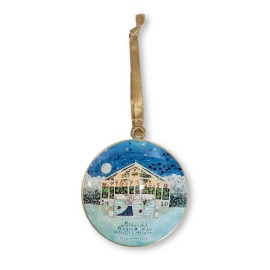 Image of the round decoration featuring a festive scene at the Kew waterlily house