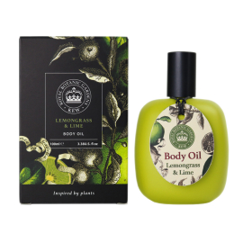 Kew Lemongrass & Lime body oil in green bottle. Botanical illustrated packaging.