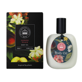 Jasmine Peach Body Oil 100ml bottle, with botanically illustrated packaging.