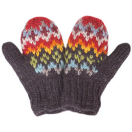 Grey wool children's mittens with a colourful design featuring the colours: red, blue, grey, orange, yellow and green.