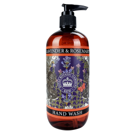Image of the Lavender and Rosemary Hand Wash with a dark purple label with the Kew logo and illustrations of lavender, rosemary and a butterfly. 