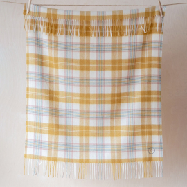 Image of the super soft lambswool baby blanket featuring a checkered design with the colours yellow, pink and blue as the main features. Blanket is hanging from wire to demonstrate size. Contains tassles on both ends.
