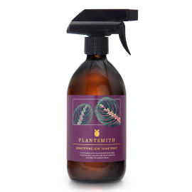 Plantsmith Beautifying Leaf Shine Spray. Reads: An all-natural, plant-based perfecting spritz to gently clean, nourish and shine leaves for a healthy houseplant boost.