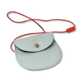 Image of the leather purse in a pale blue leather and a red string. The purse has a flap with 'Pocket Money' written on top in gold leaf and a brass press stud.