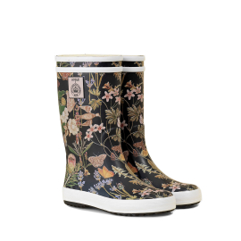 Aigle and Kew Wellington Boots for children featuring artwork from Kew's archives. Kew and Aigle logo featured in top middle of boot. Two white bands circle the top of the boot.
