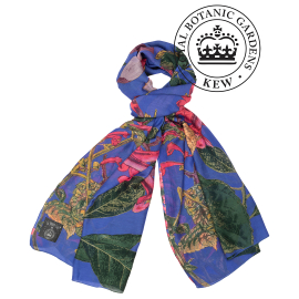 Image of the purple magnolia scarf with the Kew Gardens logo on the top right of the image.