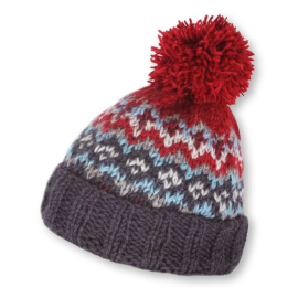 Image of the Clifden Beanie Hat with a red bobble on top and a grey, red and blue pattern.
