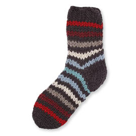Image of one of the socks featuring stripes in dark grey, red and blue.