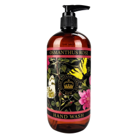 An image of the Osmanthus Rose Hand Wash with a Black label with details of Fuchsia roses and Yellow butterflies.