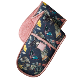 Kew Midnight Floral Double Oven Glove with white background and pink lining with pink inner.