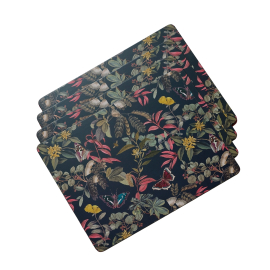 Set of four Kew Midnight Floral placemats featuring the intricate floral and butterflies artwork.