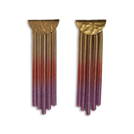 Hammered Moon Fringe Earrings. Semi-circle gold painted base with stud with hanging fringe in an ombré affect transitioning from golf to orange and then purple.