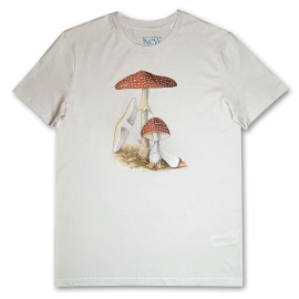 Fungi T-shirt, assorted sizes, with group of mushrooms printed on the front